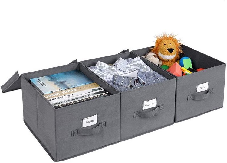 SONGMICS Fabric Cubes Label Storage Holders Bins Organiser Grey Foldable Storage Boxes