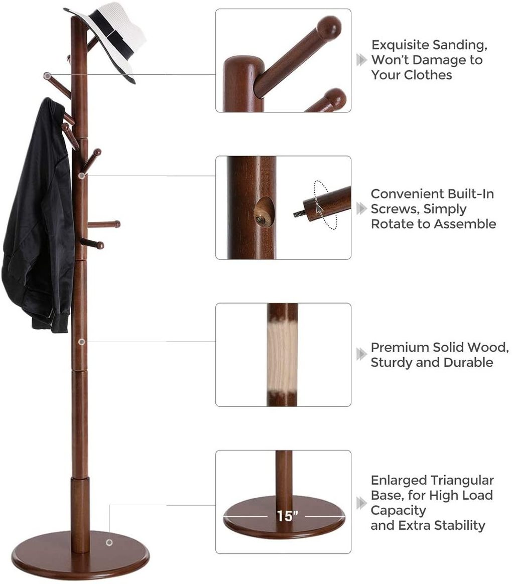 VASAGLE Solid Rubber Round Base wood Pole Dark Walnut Free Standing Coat Tree Coat Rack for Clothes, Hats, Bags