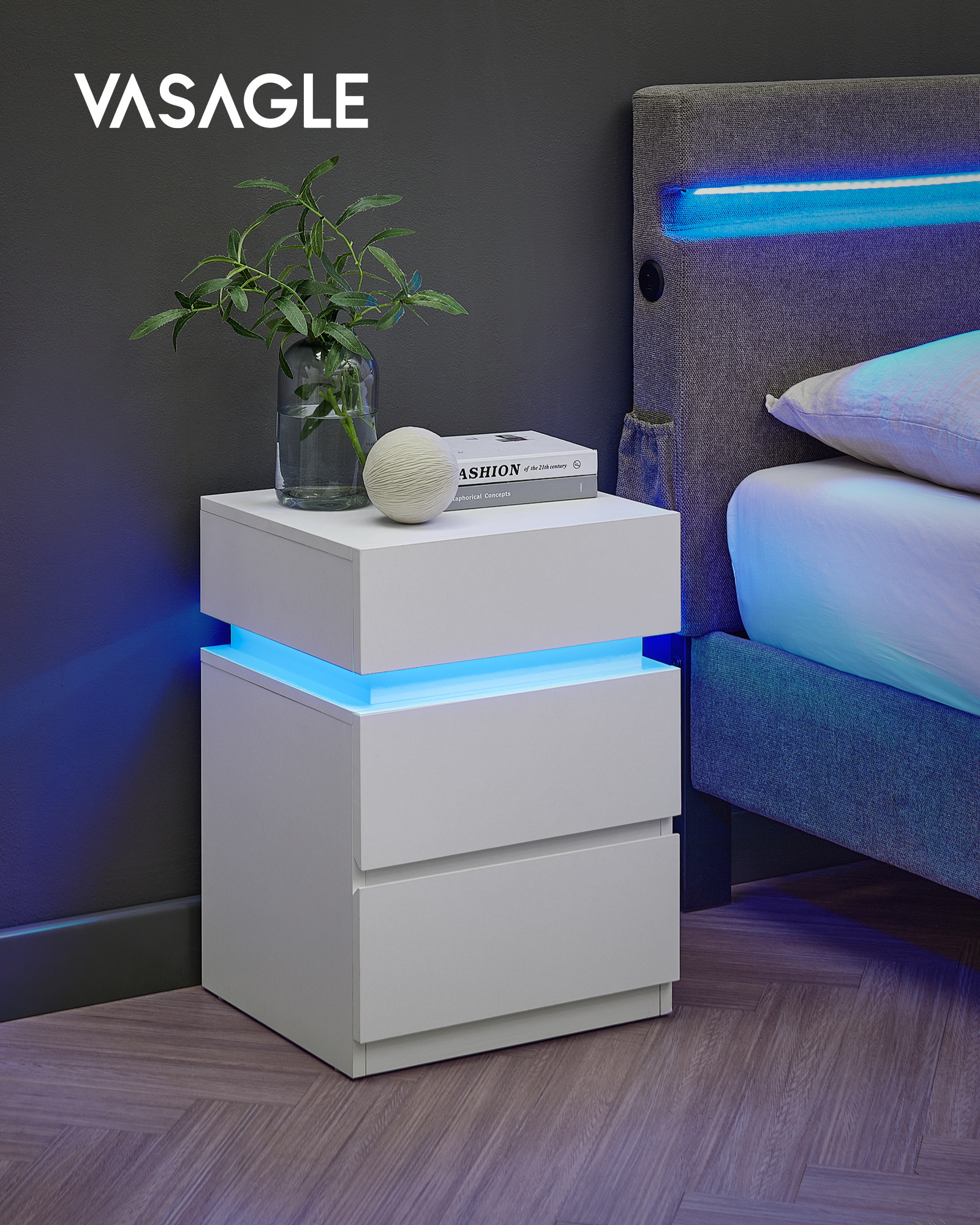 VASAGLE Adjustable Colors Sofa side Table with 3 Drawers for Bedroom Living Room smart Lighted Bedside Table led Nightstands