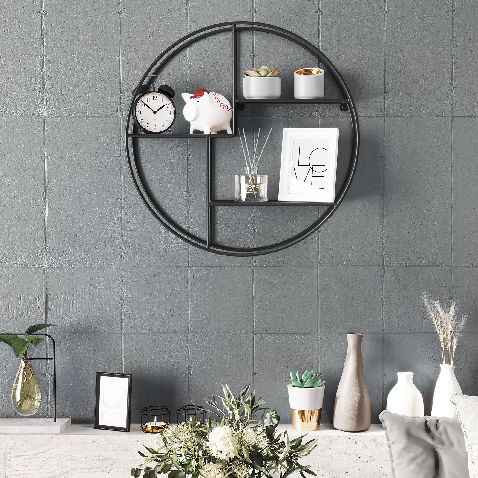 SONGMICS European modern Metal round shape Floating  Wall Mounted Display Shelf steel Craft Decorative Wall Shelf