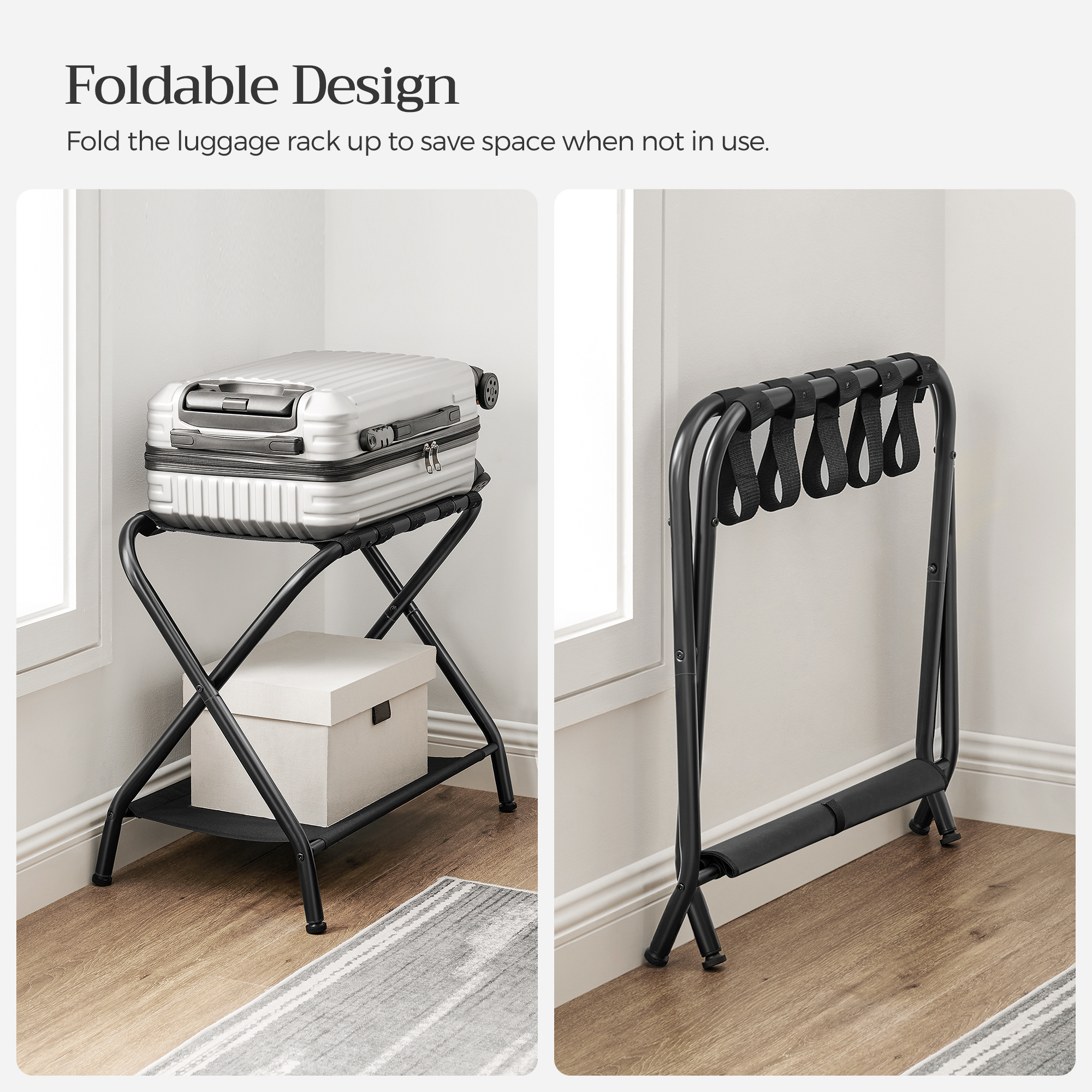 SONGMICS Foldable Baggage Holder for Bedroom/hotel double storage modern design portable steel foldable luggage rack with shelf