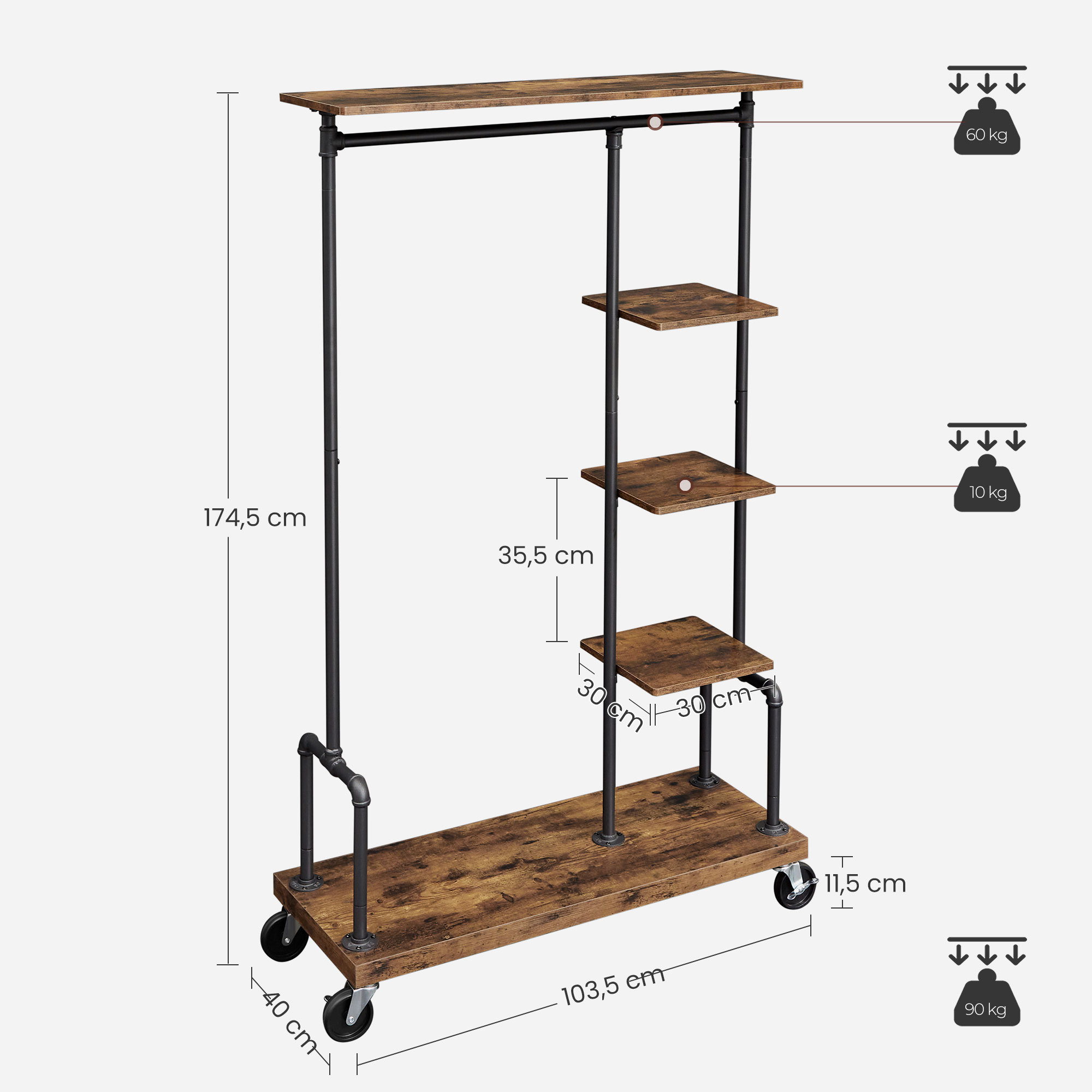 VASAGLE Garment Rack on Wheels Industrial Pipe Style Clothes Rack with 5-Tier storage shelf