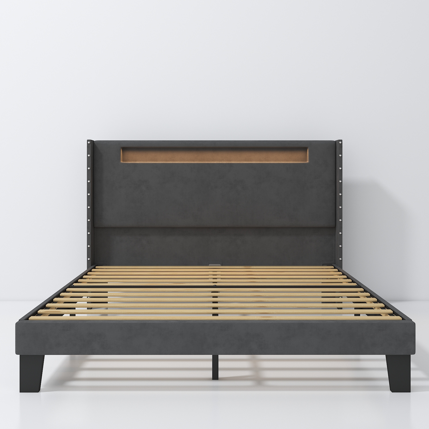 VASAGLE Customized  Bedroom Furniture  Upholstered Twin full Queen King Size Wooden Bed Frame with LED Headboard