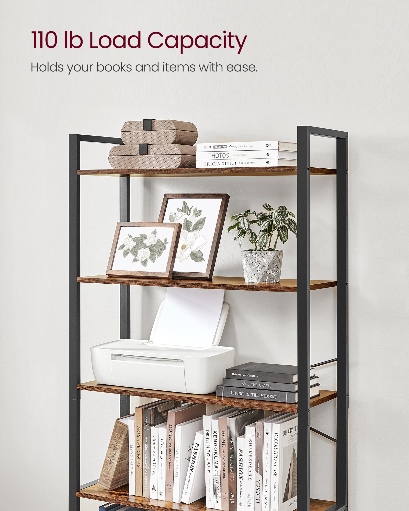 VASAGLE  Bookcase with Steel Structure for Living Room Study Hallway Industrial Style 5 Tier Shelving Unit