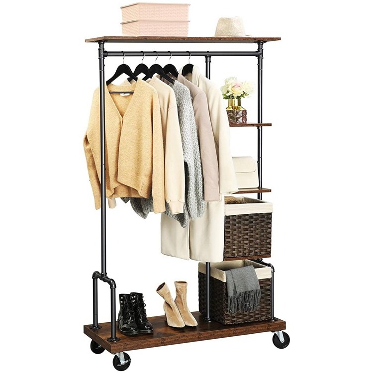 SONGMICS Brown Black Metal Pipes Dress Up Clothes Rack, Clothing Rack on Wheels, 5-Tier Garment Rack