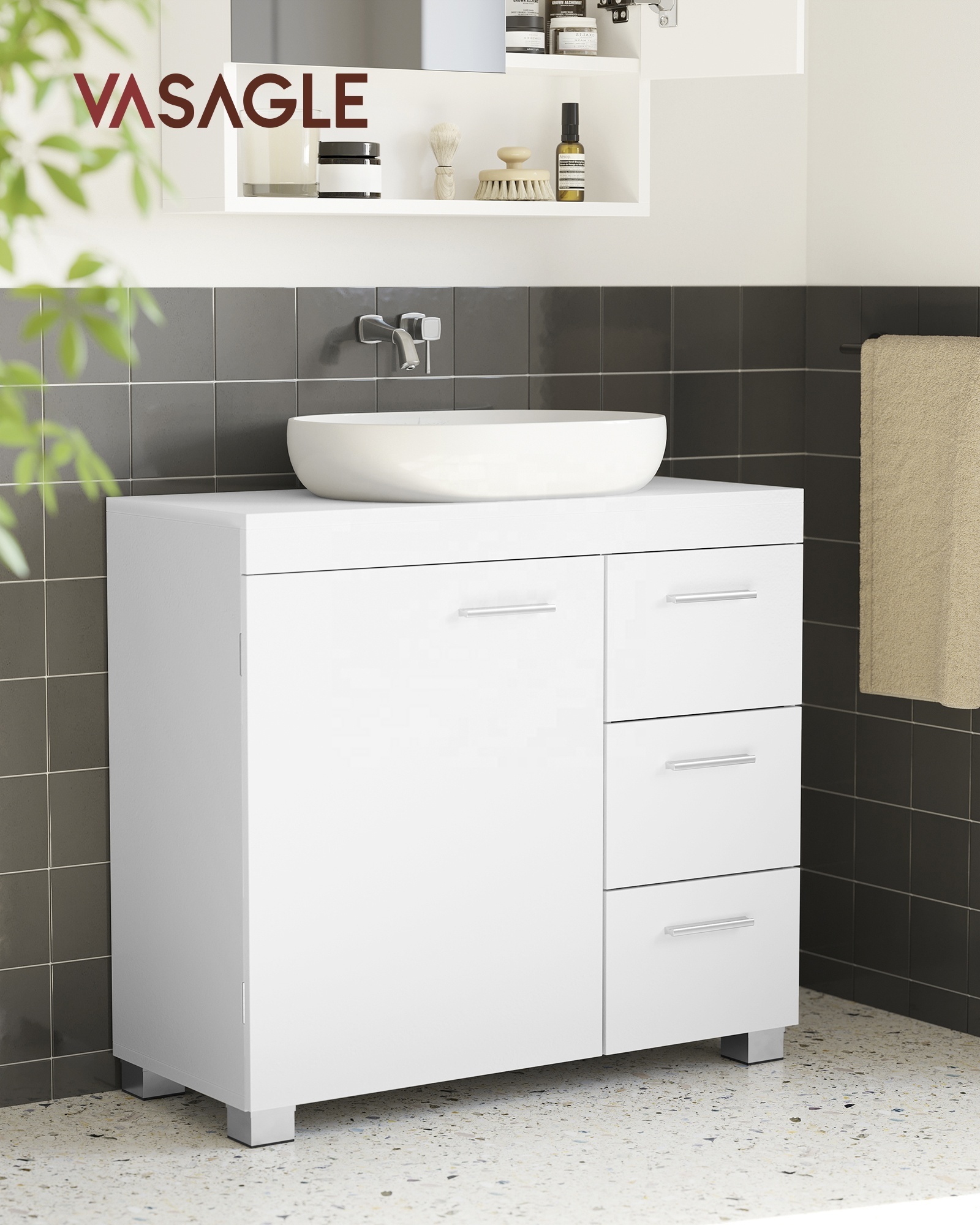 VASAGLE Storage Cabinet with 3 Drawers 2 Compartments for Washbasins Under Sink Bathroom Cabinet with Feet