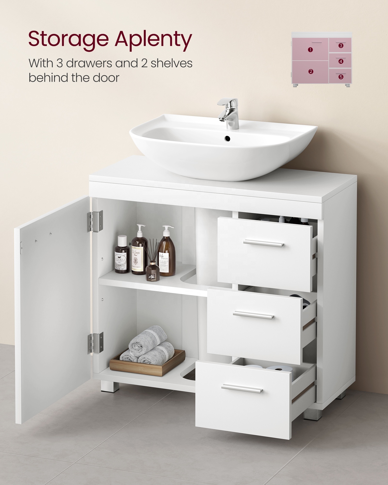 VASAGLE Storage Cabinet with 3 Drawers 2 Compartments for Washbasins Under Sink Bathroom Cabinet with Feet