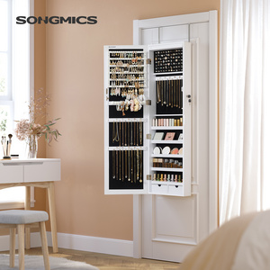 SONGMICS 6 LED Jewelry Armoire Organizer With Full Length Mirror Wall Mounted wood Jewelry Cabinets with lock