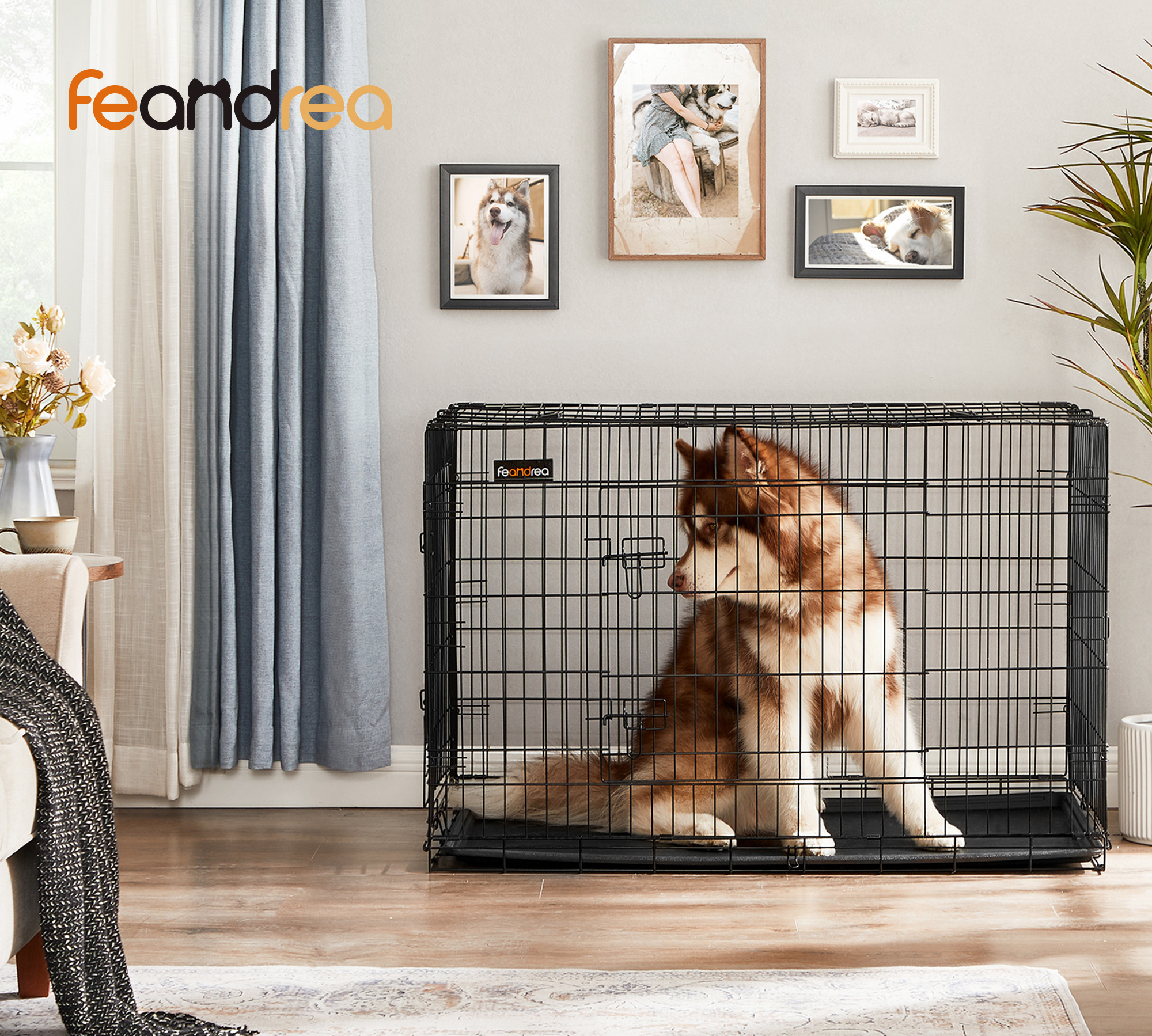 Feandrea Wholesale Dog Kennel  Eco-Friendly Folding Cage Metal Wire Durable Dog Crate for large Pet dog