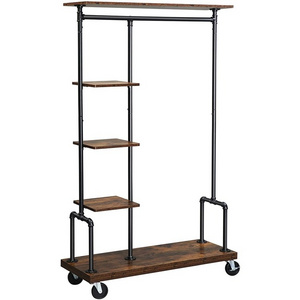 SONGMICS Brown Black Metal Pipes Dress Up Clothes Rack, Clothing Rack on Wheels, 5-Tier Garment Rack