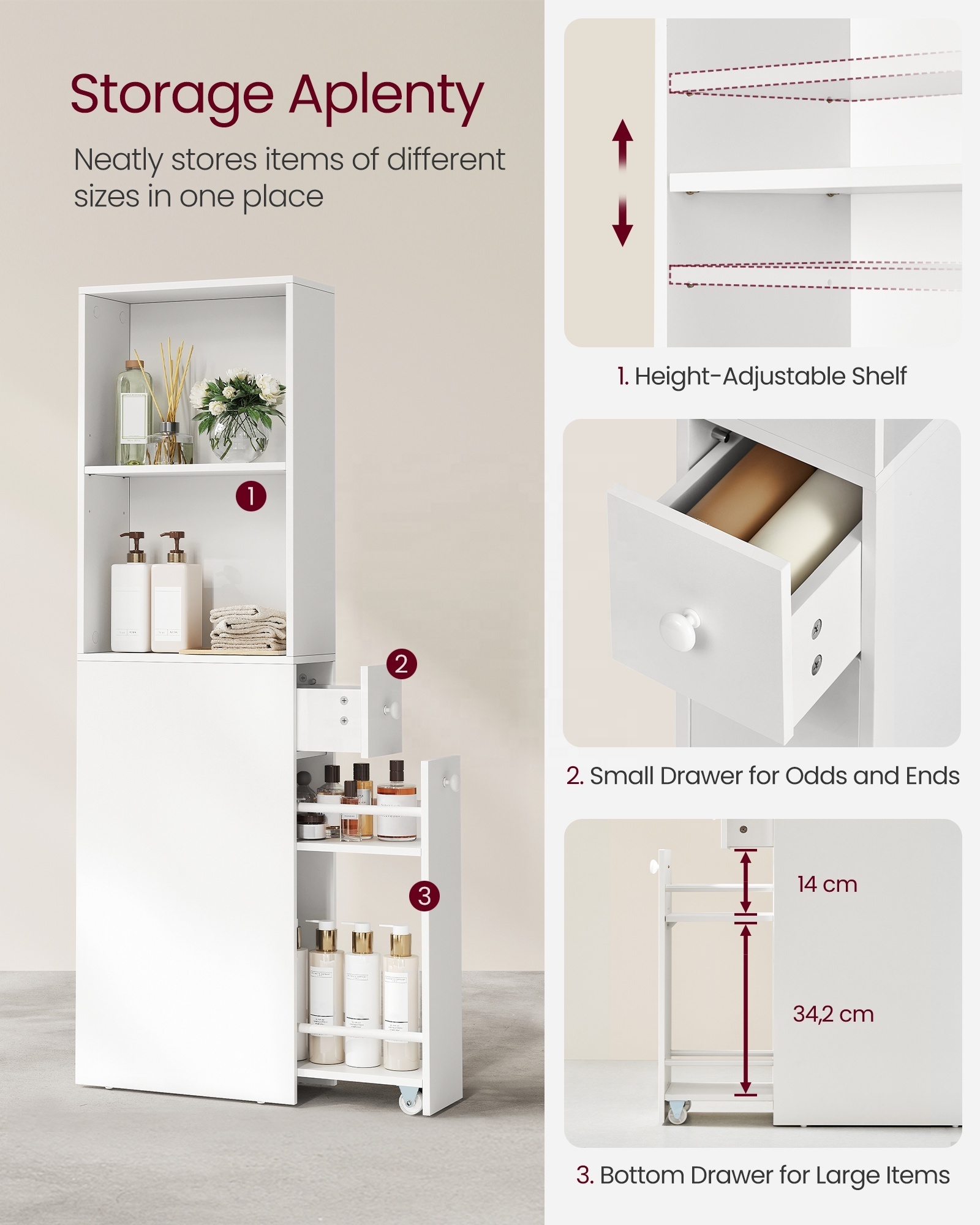 VASAGLE Freestanding Cabinet with Storage Drawers and Adjustable Shelf Modern Style Slim Bathroom Storage Cabinet