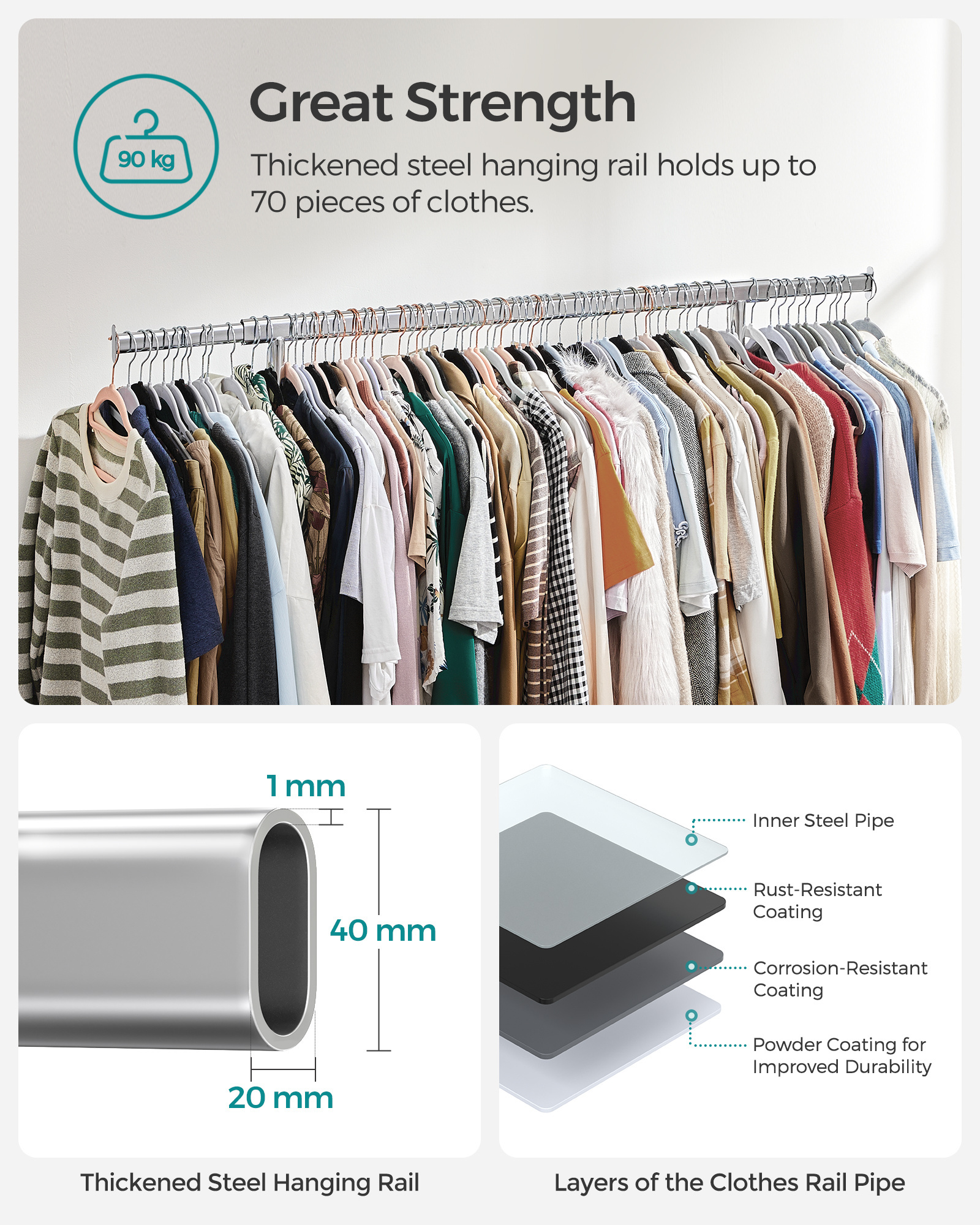 VASAGLE Heavy Duty Clothes Rail portable clothes drying rack with Extendable Hanging Rail drying rack clothes with wheels