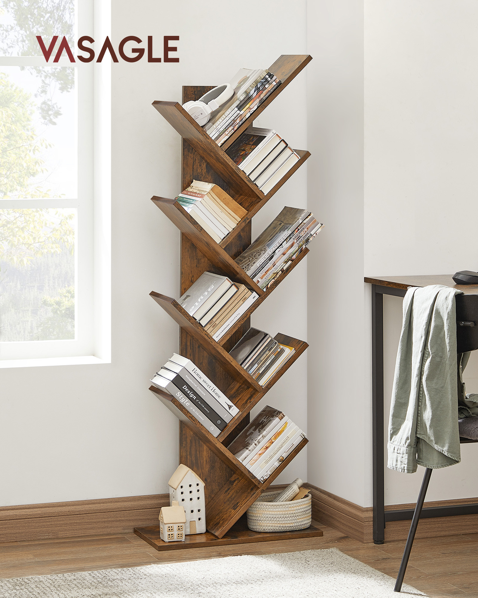 VASAGLE 8-Tier Floor Standing Bookcase industrial Particleboard living room tree bookshelf