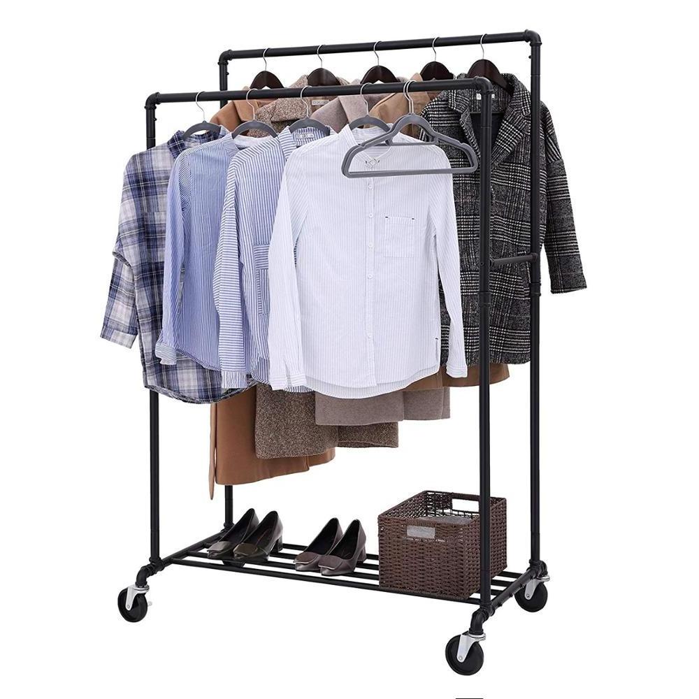 Industrial Pipe steel  furniture Clothes Rack display on Wheels Maximum load of 110 Kg Double Hanging Rail clothes drying rack