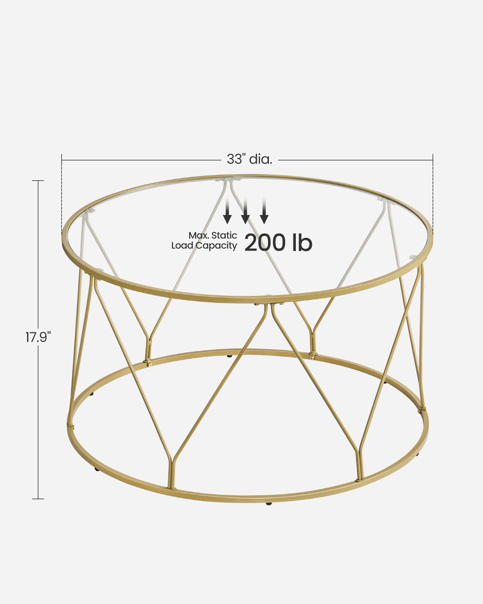 VASAGLE luxury living room tables Tempered Glass Top round Coffee Table with gold metal leg