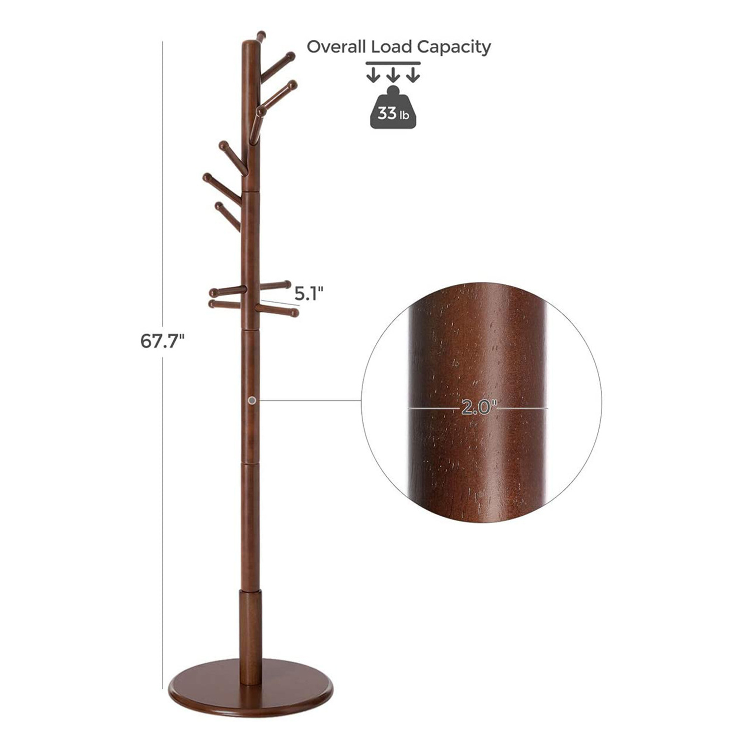 VASAGLE Solid Rubber Round Base wood Pole Dark Walnut Free Standing Coat Tree Coat Rack for Clothes, Hats, Bags