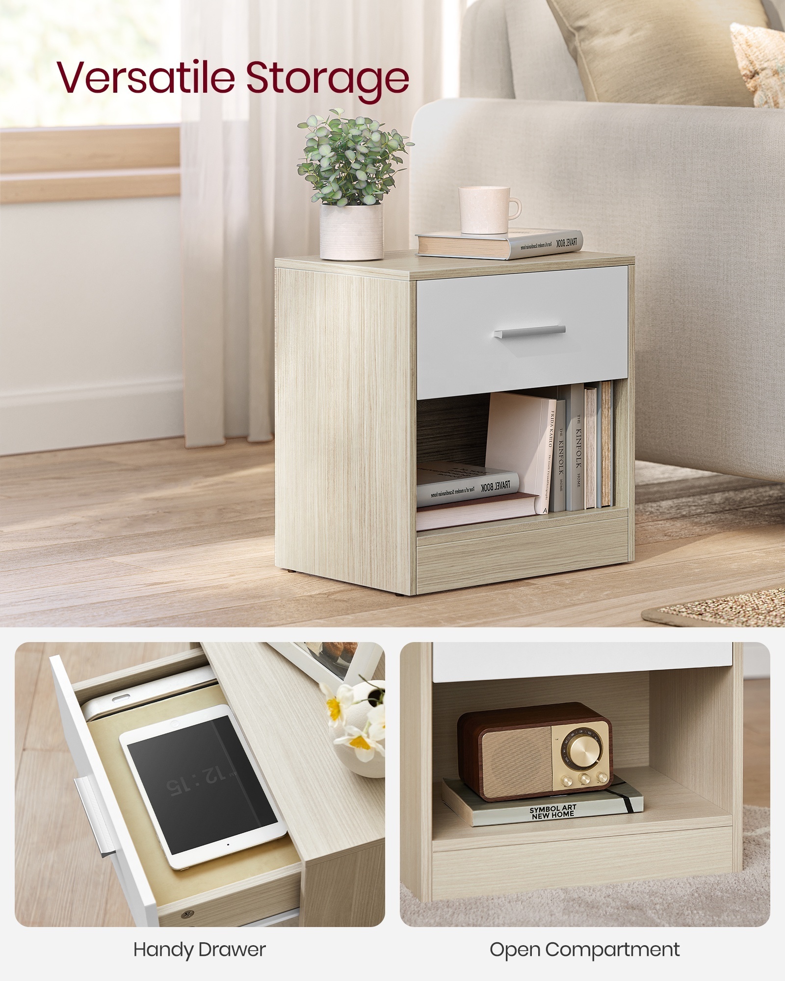 VASAGLE minimalist nightstand with drawers bedroom bedside table cabinet wooden nightstand