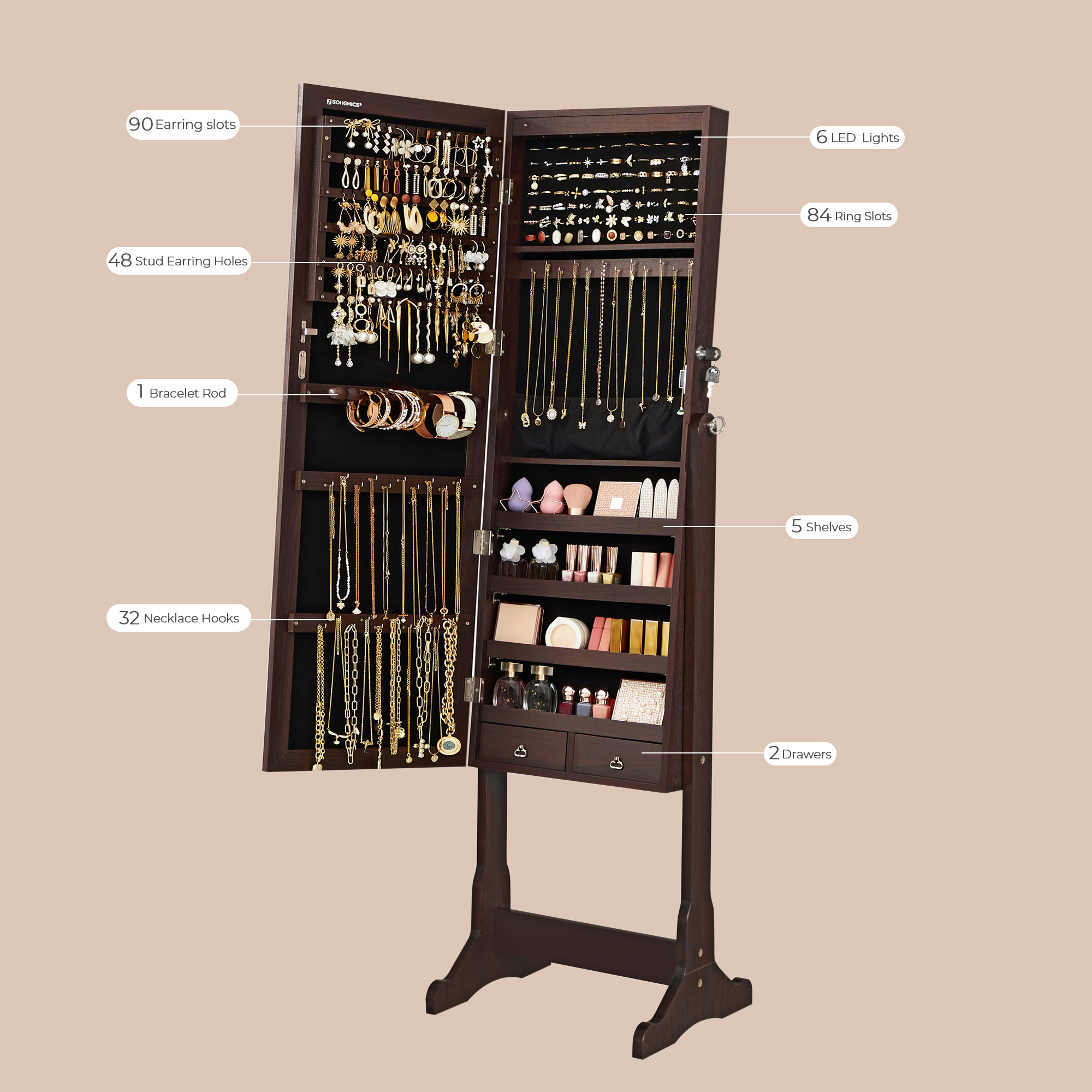 SONGMICS Full Length Mirror Standing Lights Jewelry Cabinet Eco Friendly Mirror Jewelry Armoire with LED