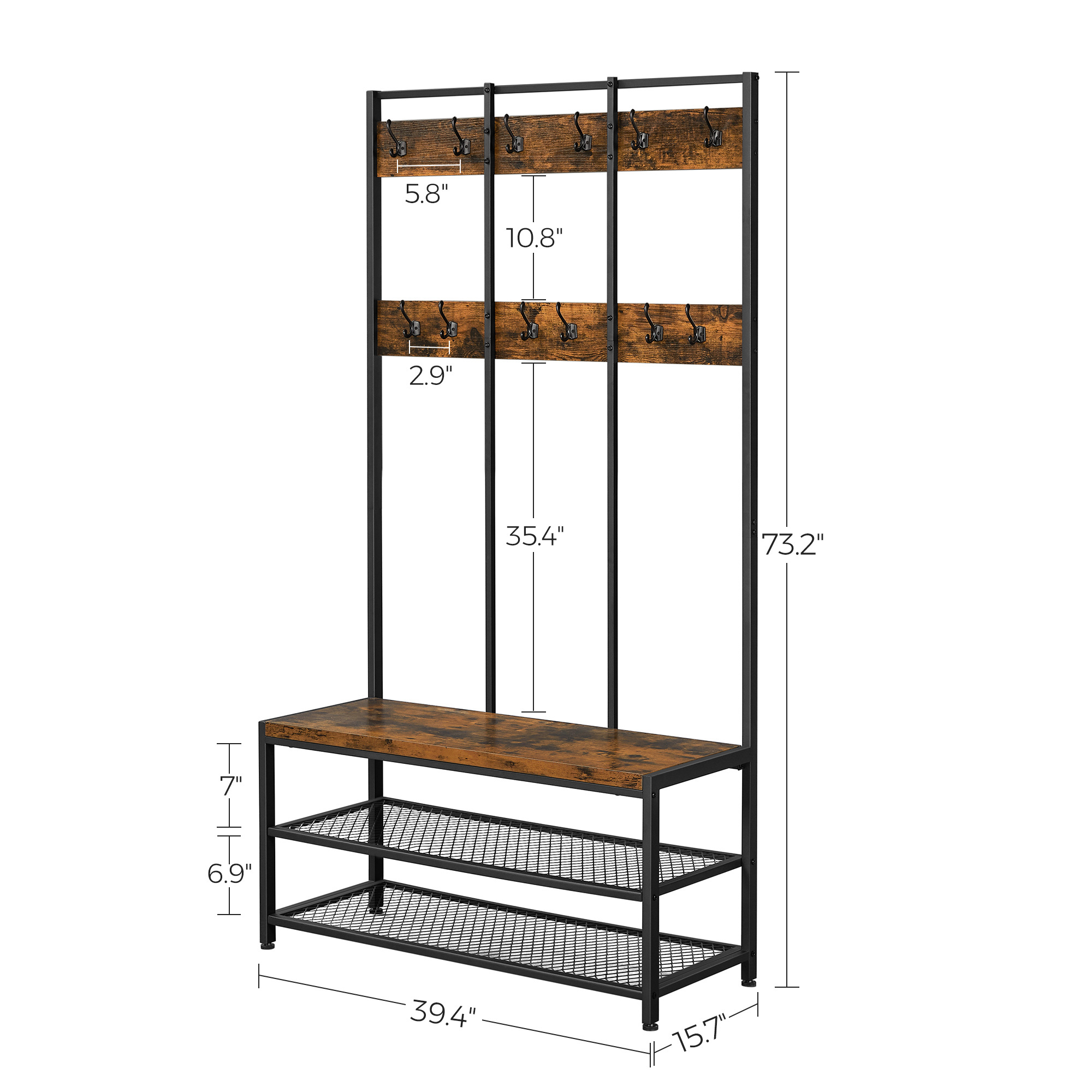 VASAGLE living room Entryway Hallway furniture vintage free standing wooden clothes Hall tree coat rack with shoe storage