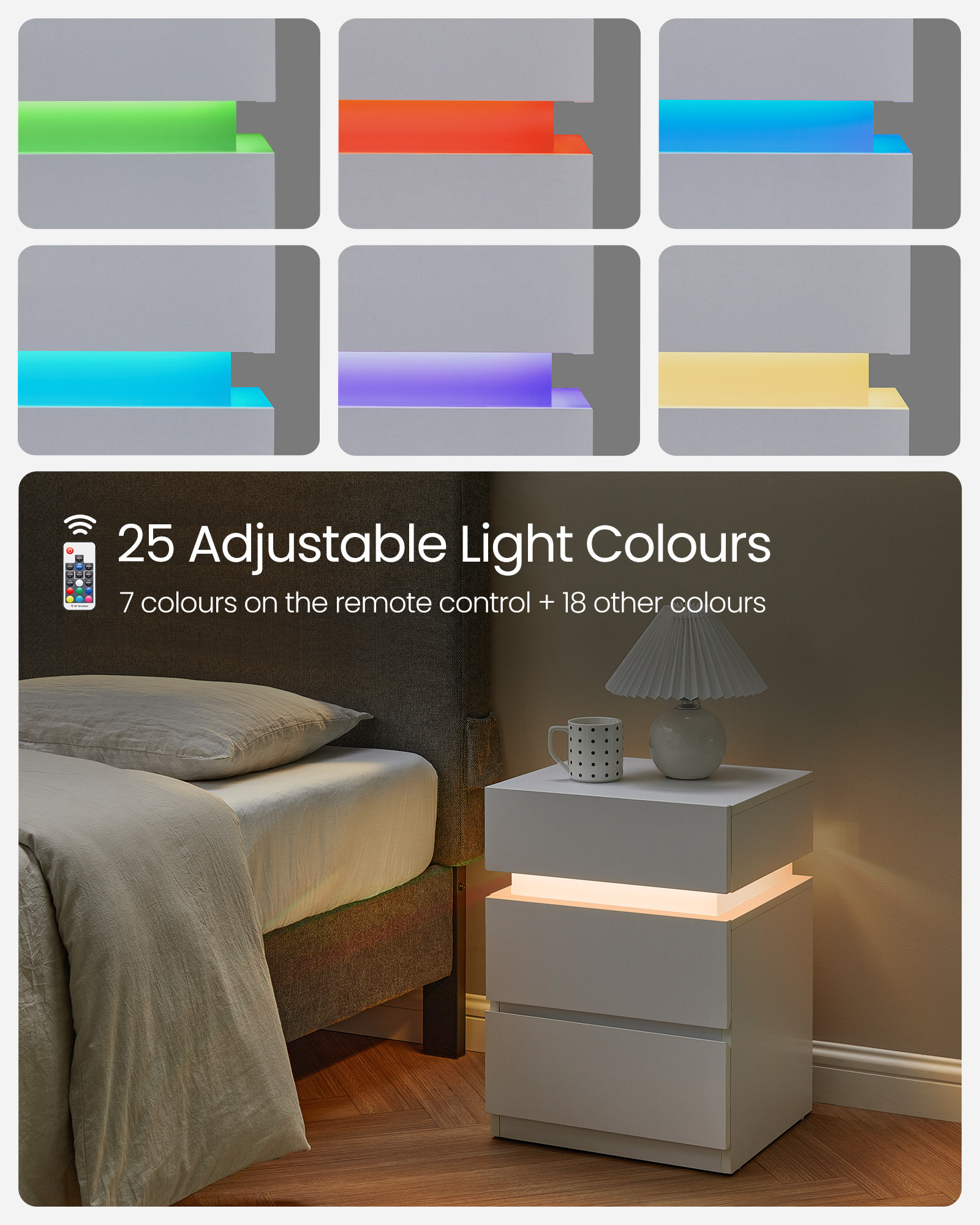 VASAGLE Adjustable Colors Sofa side Table with 3 Drawers for Bedroom Living Room smart Lighted Bedside Table led Nightstands