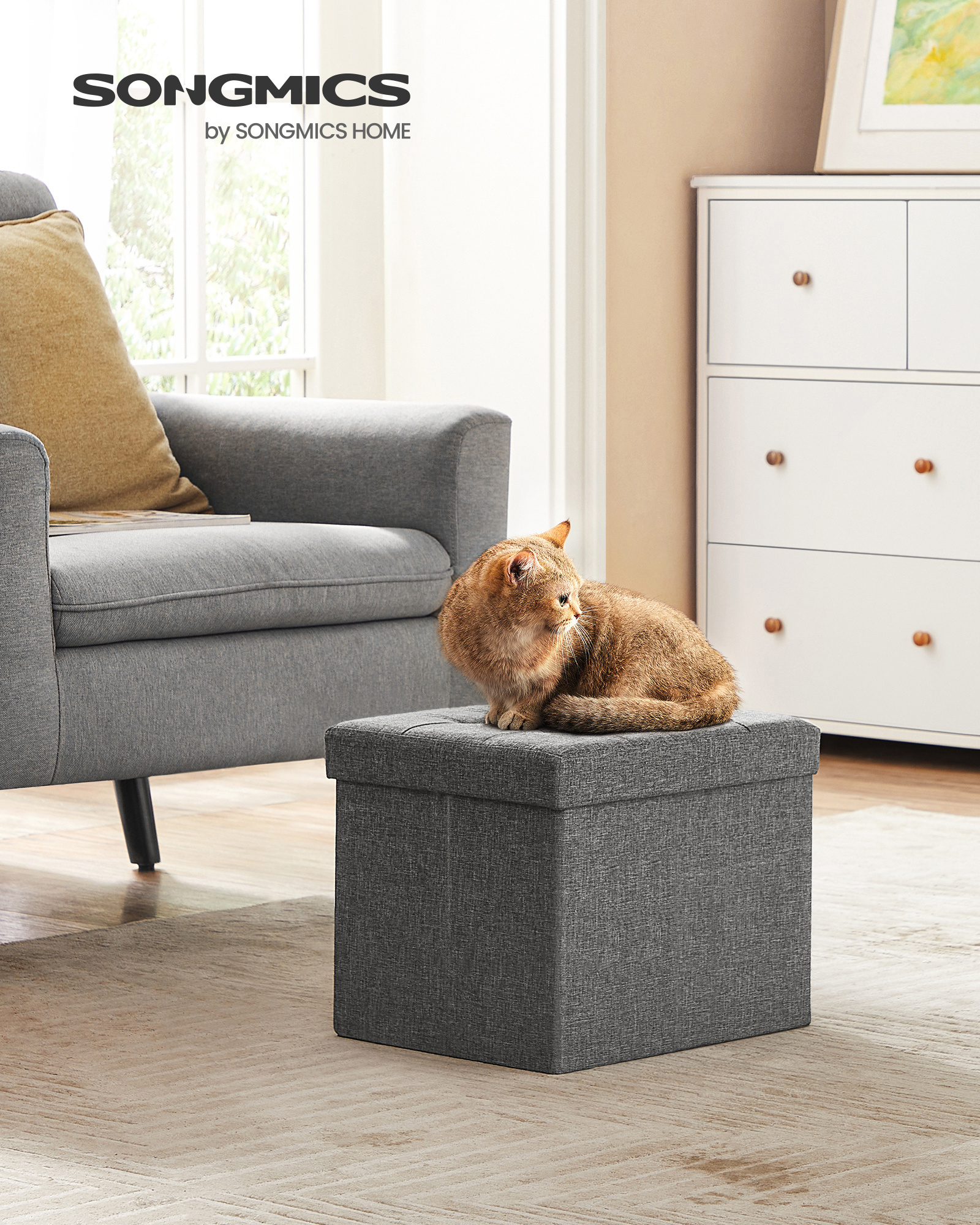 SONGMICS space save Sundries cube storage box pouf Ottoman bench Linen fabric square folding storage ottoman stool