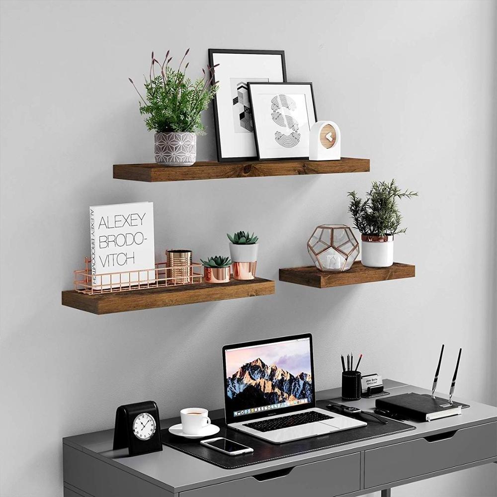 VASAGLE Floating Wall Shelf MDF I Shape Rustic Brown Display Storage Wall Mounted Bookshelf Wooden Shelf