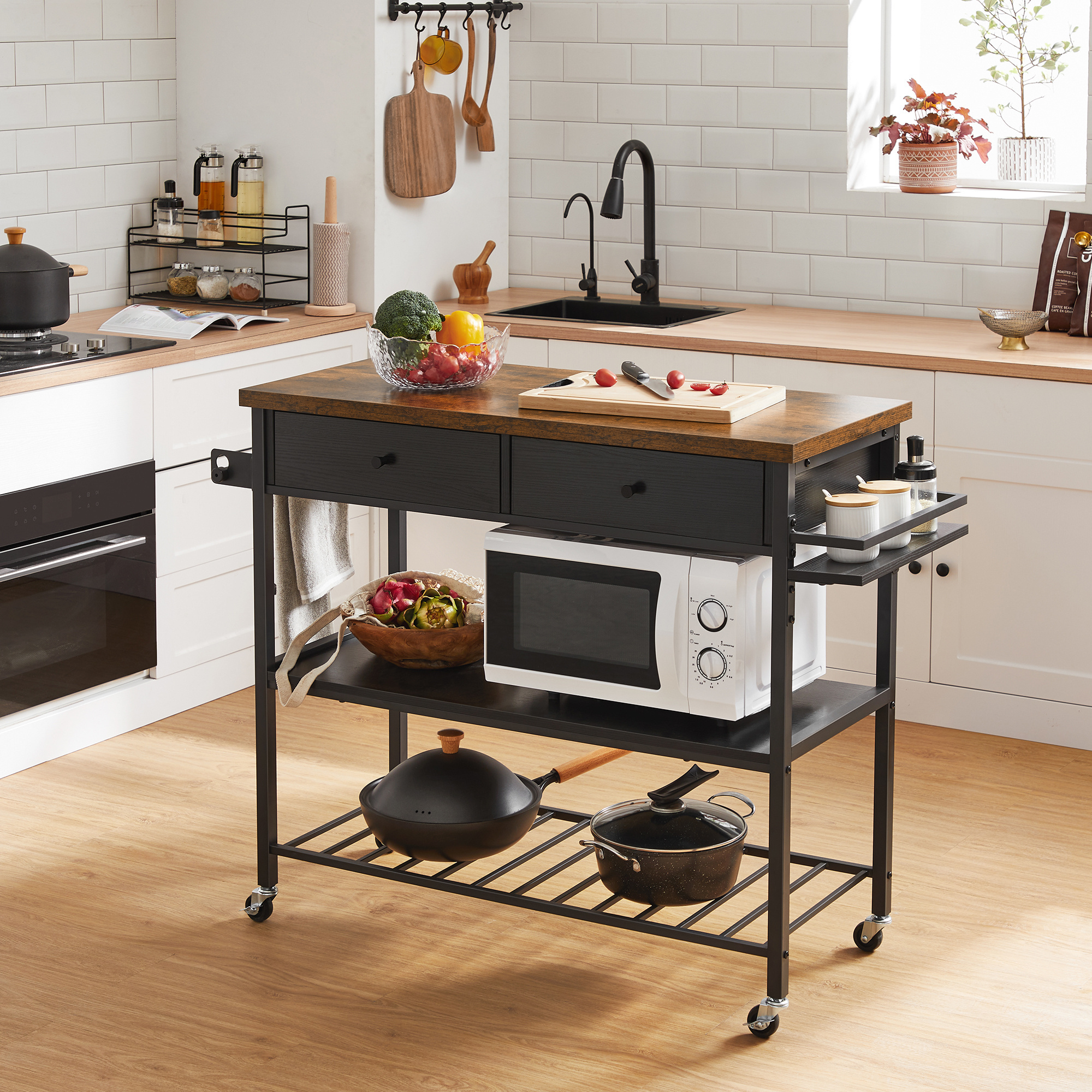 VASAGLE wooden metal kitchen island storage cart on wheel with 2 drawers Kitchen Island Cart with Barn Door