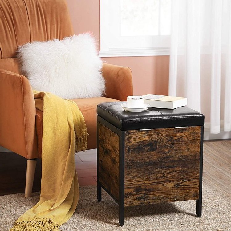 VASAGLE Hallway Bedroom Living Room Rustic Brown Synthetic Leather Padded Seat Storage Bench Trunks Box Ottoman