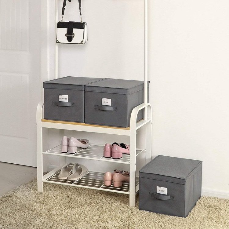 SONGMICS Fabric Cubes Label Storage Holders Bins Organiser Grey Foldable Storage Boxes