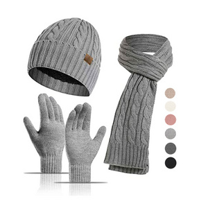 Custom Logo Wool Knitted Hat Scarf Beanie Gloves Set Men Women's Winter Warm Alpaca Soft Stretch Hat Scarf Mitten 3 sets