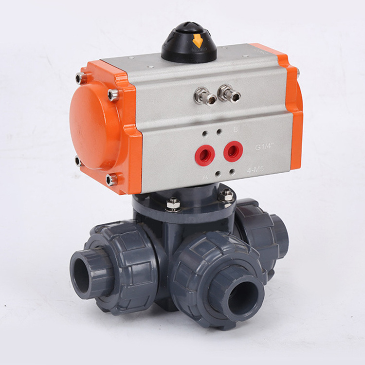 Pneumatic 3 way PVC ball valve DN40 T Port Corrosion Resistant PVC plastic Double Union Pneumatic Control Ball Valve