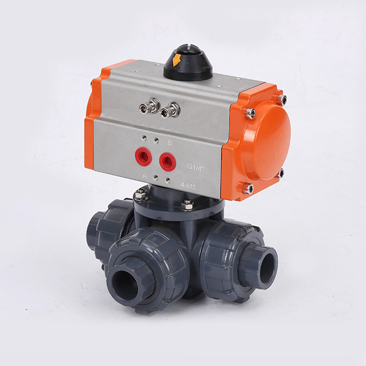 Pneumatic 3 way PVC ball valve DN40 T Port Corrosion Resistant PVC plastic Double Union Pneumatic Control Ball Valve