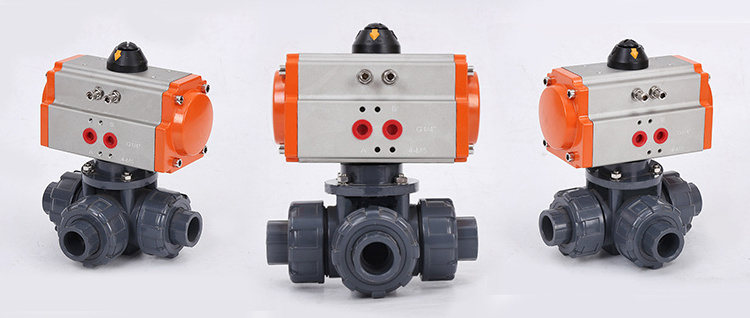 Pneumatic 3 way PVC ball valve DN40 T Port Corrosion Resistant PVC plastic Double Union Pneumatic Control Ball Valve