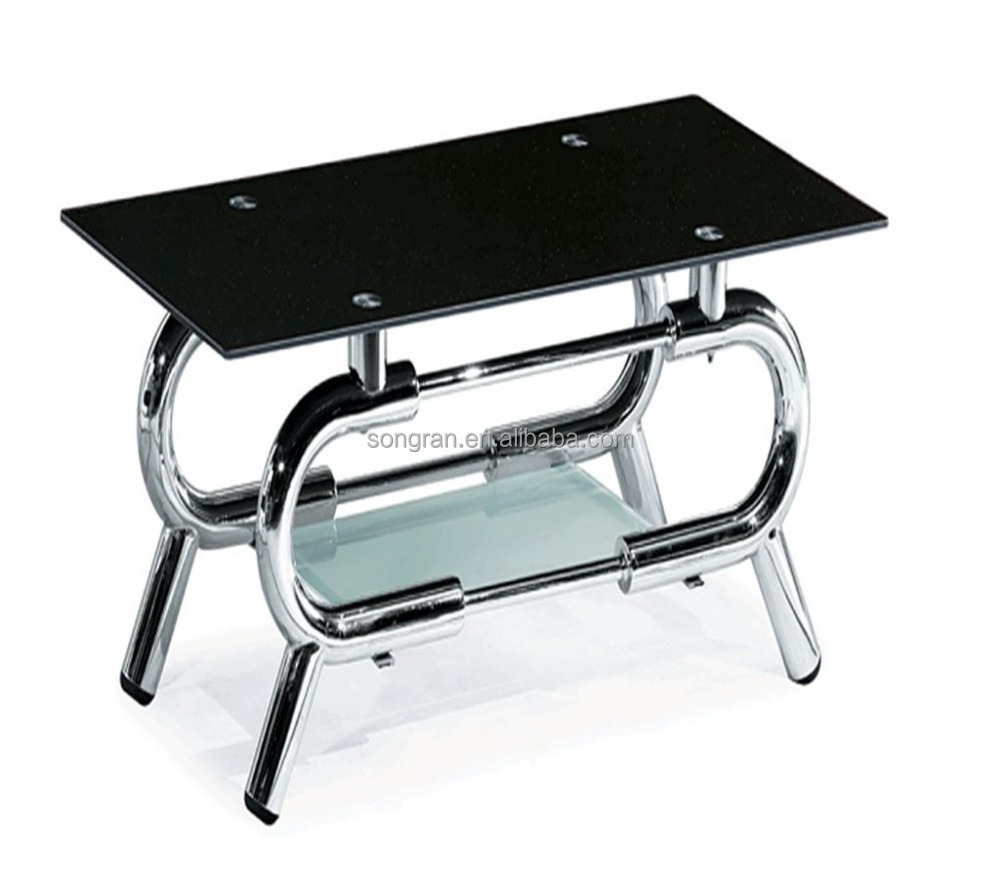 Two tier square tempered glass coffee table with stainless steel tube legs