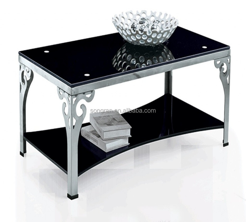 Two tier square tempered glass coffee table with stainless steel tube legs