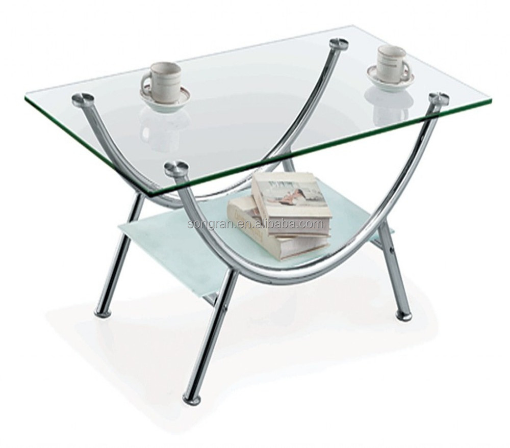 Two tier square tempered glass coffee table with stainless steel tube legs