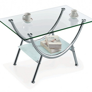 Two tier square tempered glass coffee table with stainless steel tube legs