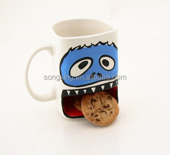 Milk Face Cup Monster Tea Mugs with Biscuit Pocket White Cookies Cup Holder Ceramic Coffee Mug