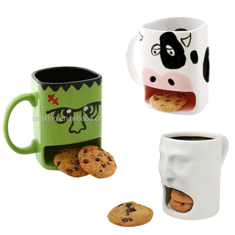 Milk Face Cup Monster Tea Mugs with Biscuit Pocket White Cookies Cup Holder Ceramic Coffee Mug