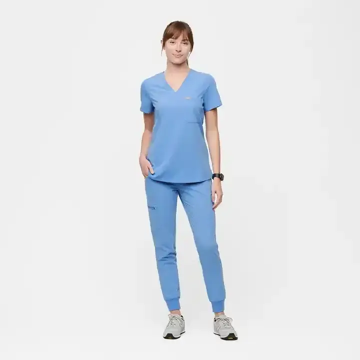 Women Nurse Stretch Scrubs Set Uniforms Mock Wrap Nursing Scrubs Top Drawstring Cargo Pants