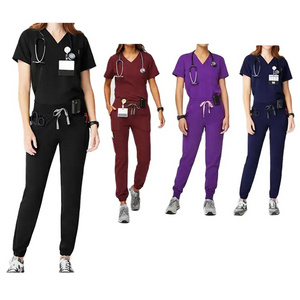 Women Nurse Stretch Scrubs Set Uniforms Mock Wrap Nursing Scrubs Top Drawstring Cargo Pants