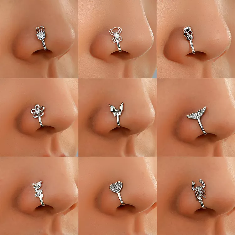 Hot Sale  Copper Inlaid Zircon Rabbit Spider Butterfly  U Shape Animal Free Piercing Nose Ring For Women