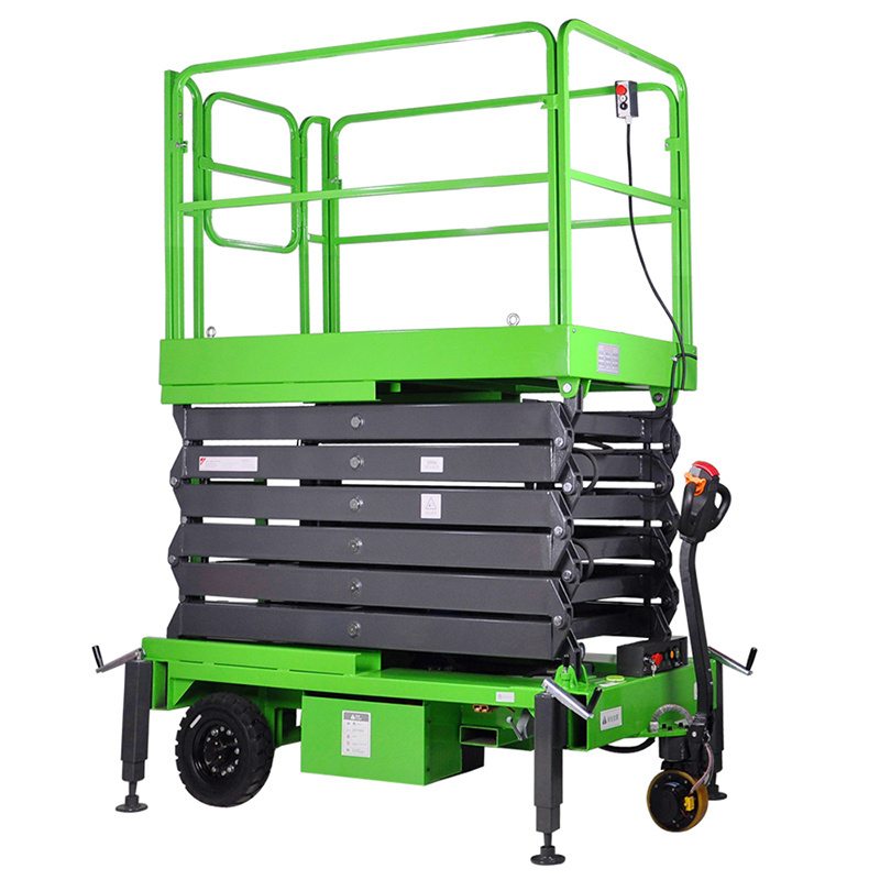 Low price good lead acid lithium li-on battery lifting hydraulic wheel scissor lift with support legs lift tables warehouse