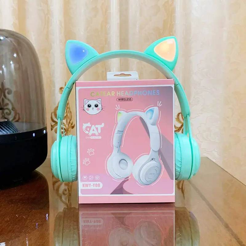 Flash Light Y08M Cute Cat Ear Headphones Wireless with Mic LED Kids Girls Stereo Phone Music Blue Headset Gamer Gift