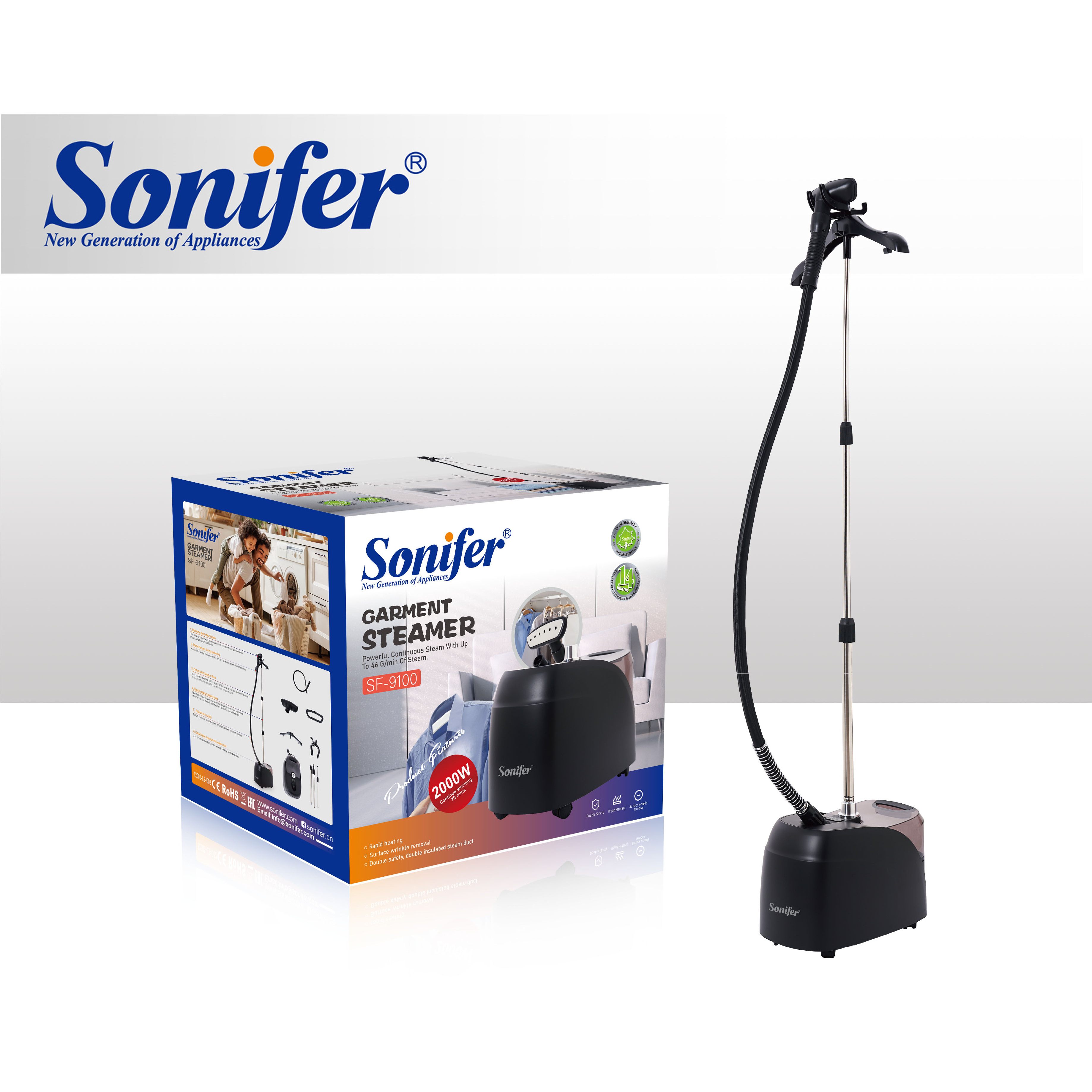 Sonifer SF-9100 new wholesale household 2000w 3.2 liters water electric garment steamer with hanger