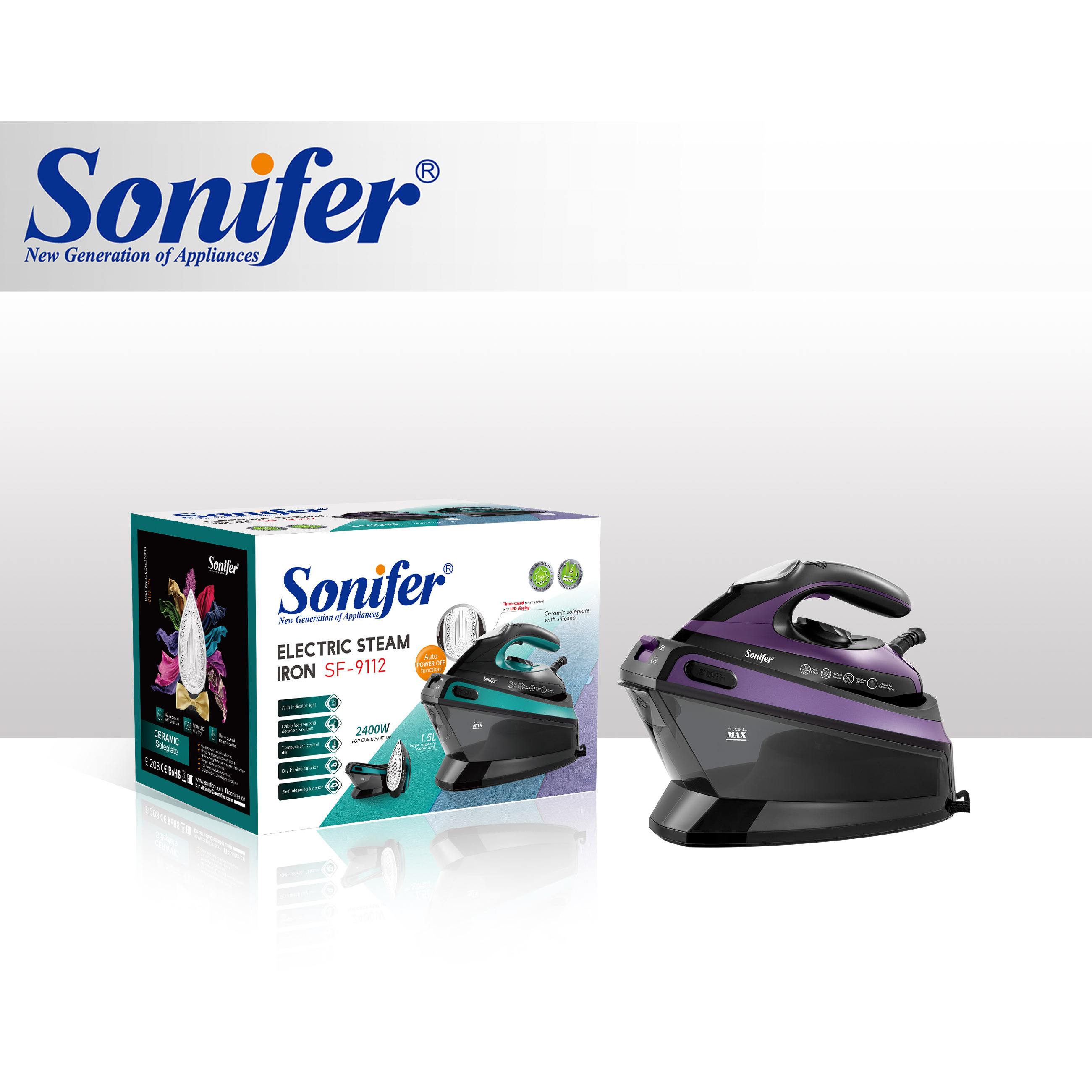 Sonifer SF-9112 Powerful 2400W 1.5 Liter Large Water Tank Laundry  Wireless Ceramic Steam Iron Cordless Garment Electric Iron