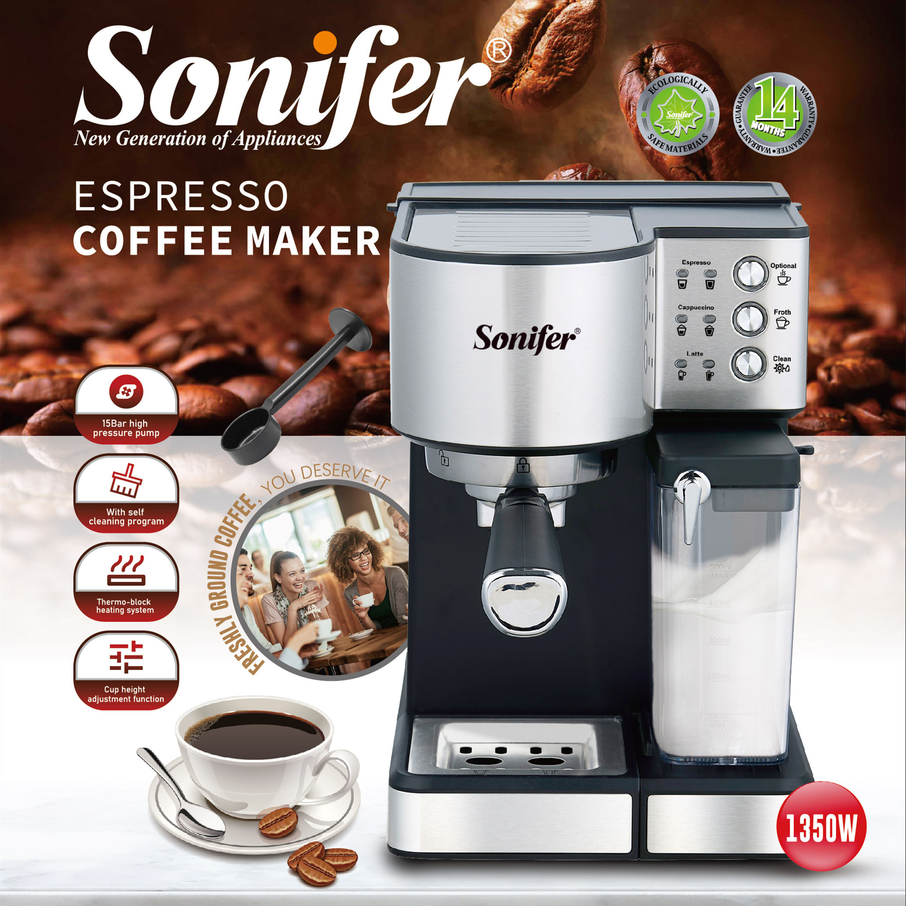 Sonifer SF-3573 New function fully automatic milk frothing system self cleaning program Espresso Coffee Maker