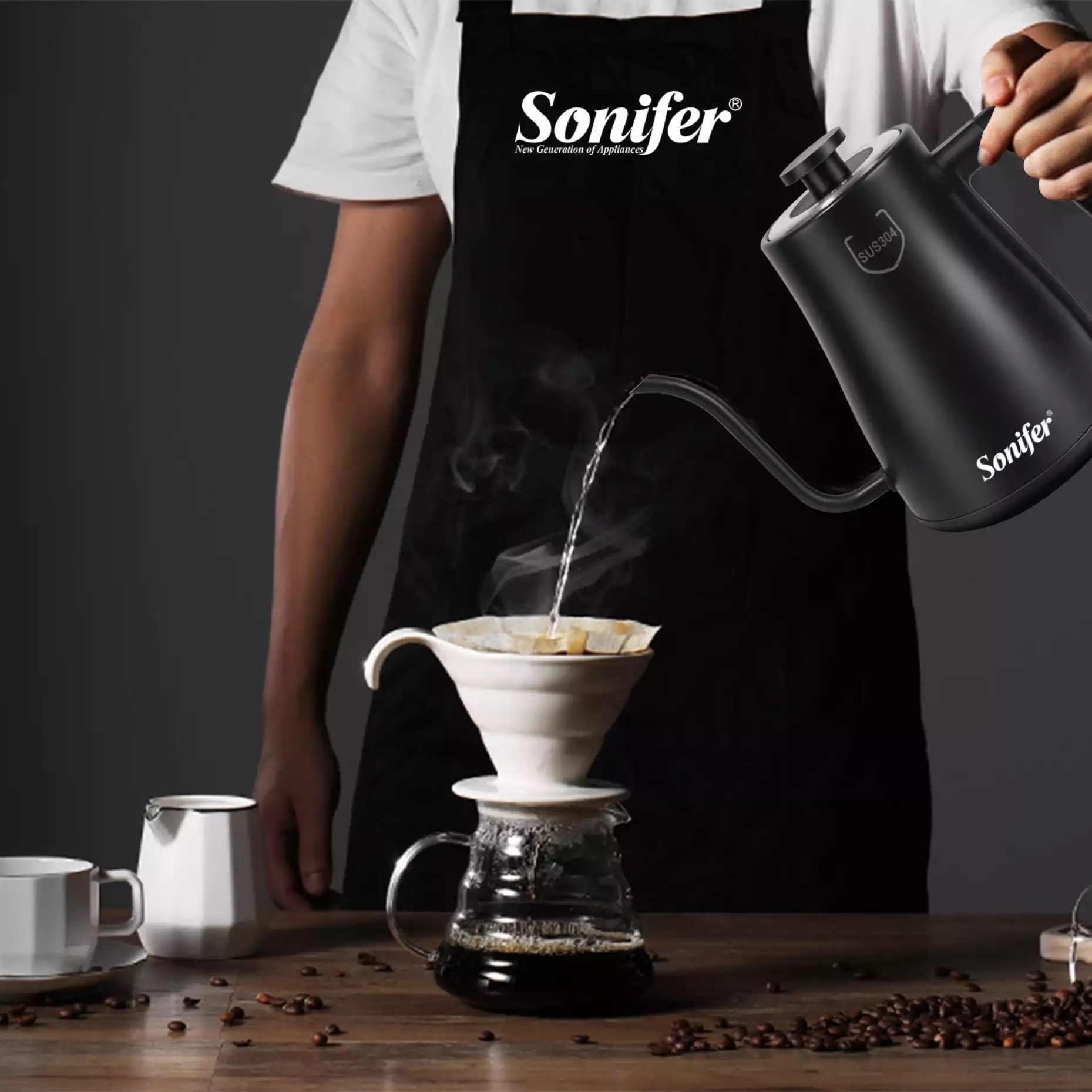 Sonifer SF-2082 hot selling black high power 1500w stainless steel cordless jug 1l electric coffee kettle