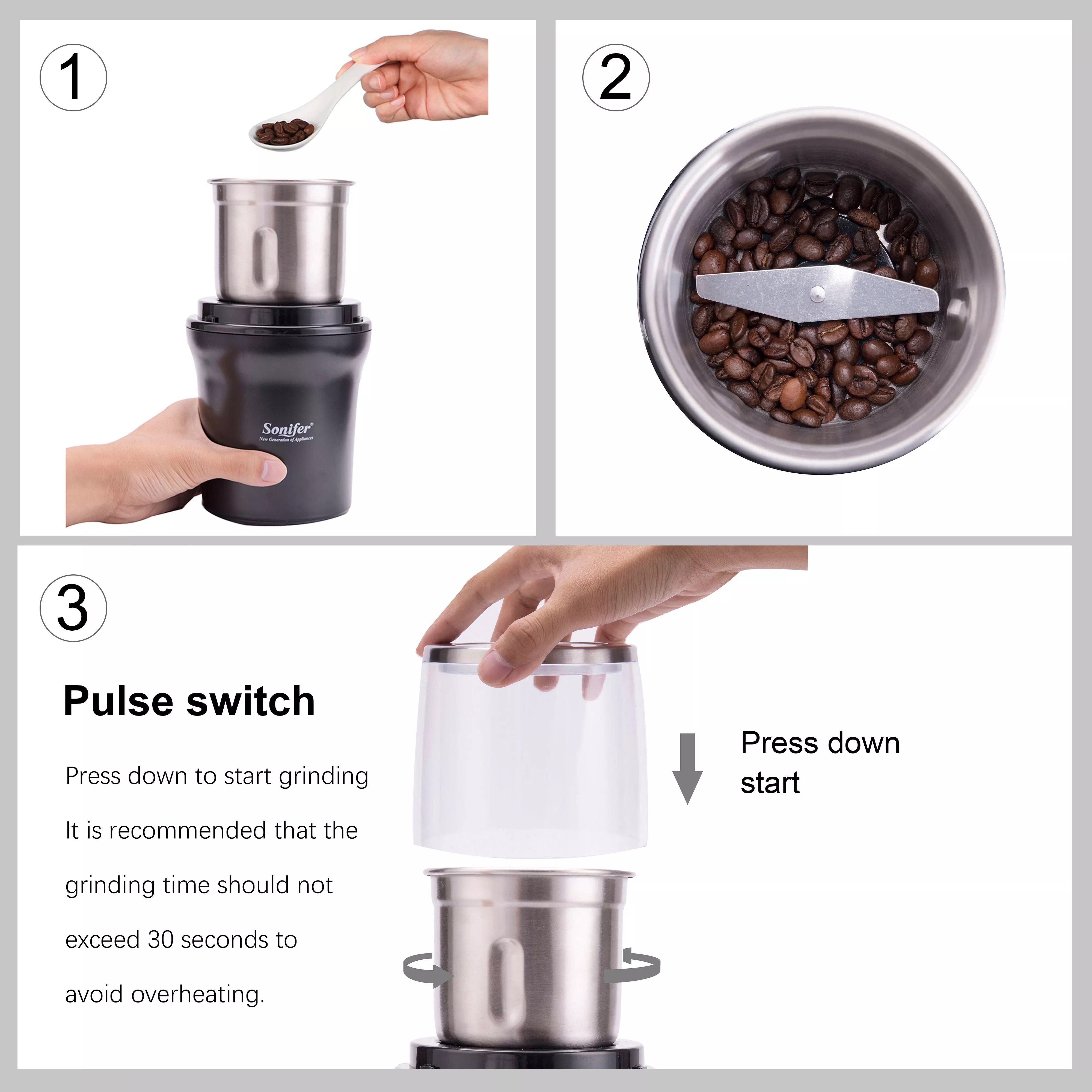 Sonifer SF-3527 household 300w copper motor press control 100g stainless steel bowl electric coffee grinder mill