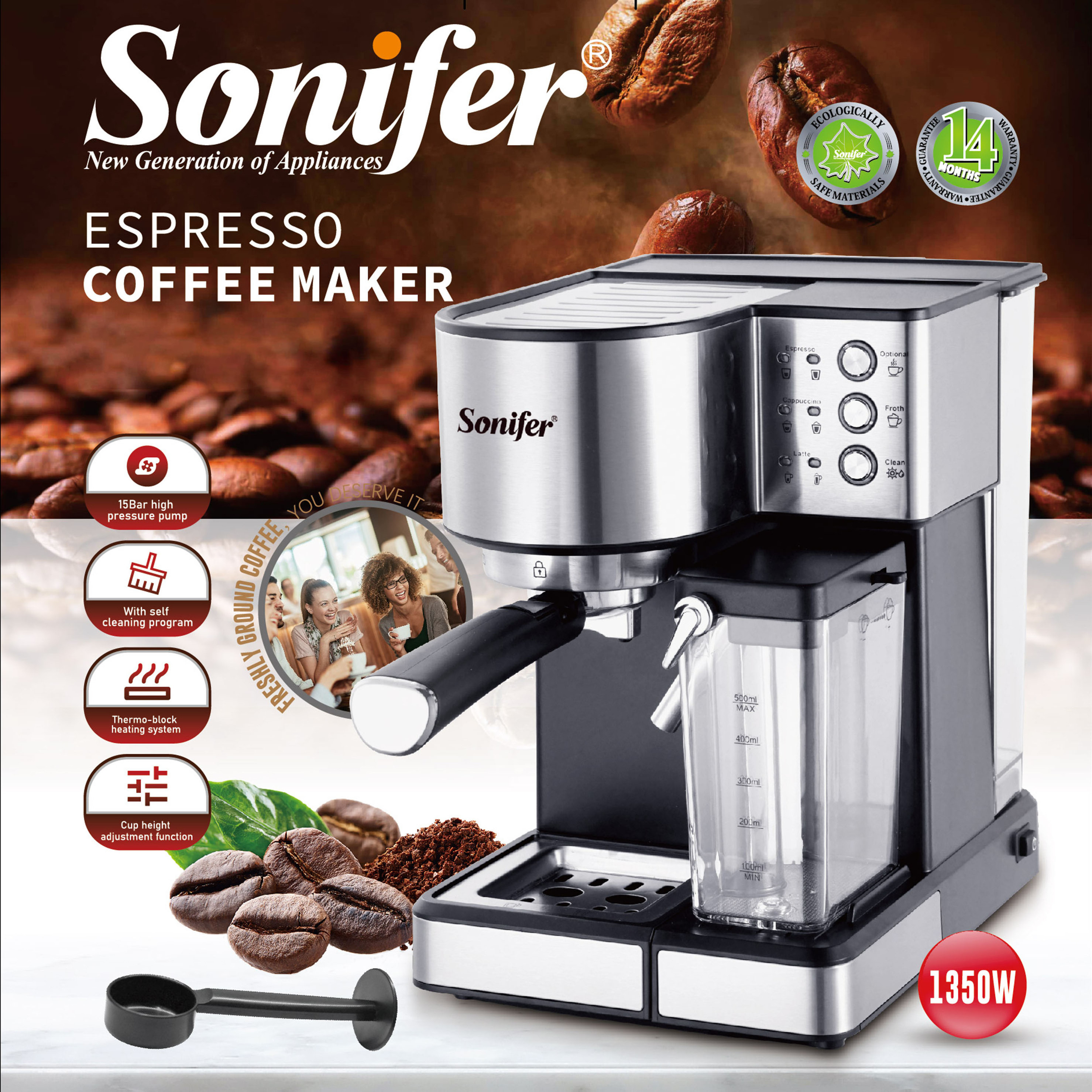 Sonifer SF-3573 New function fully automatic milk frothing system self cleaning program Espresso Coffee Maker